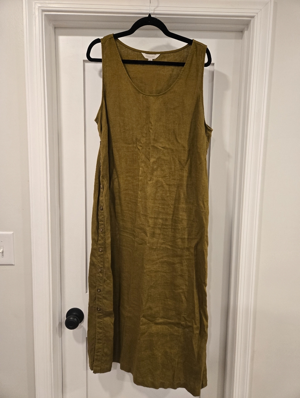 Garnet Hill Olive Sleeveless Linen Dress with Side Buttons